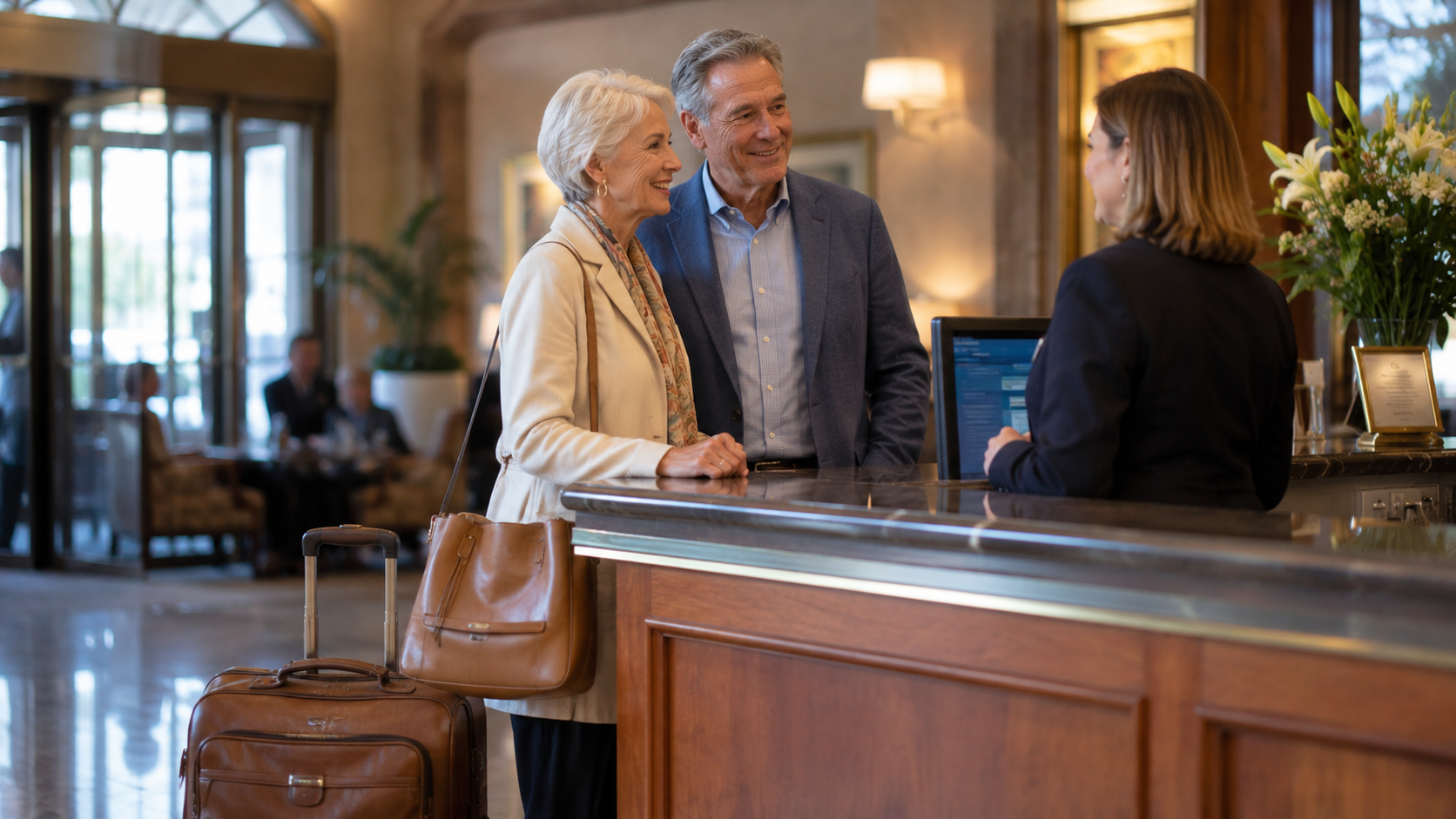Senior couple checking in at a hotel reception desk with their luggage