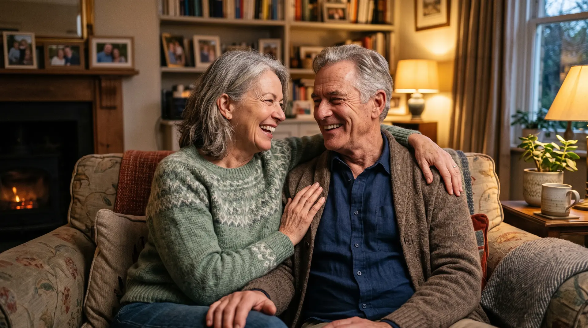 Happy senior couple relaxing together on a couch in a cozy living room