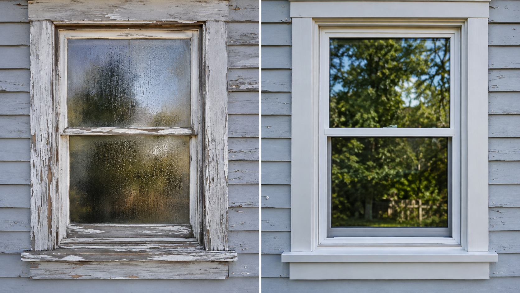Side-by-side comparison of an old peeling window and a new clean replacement window