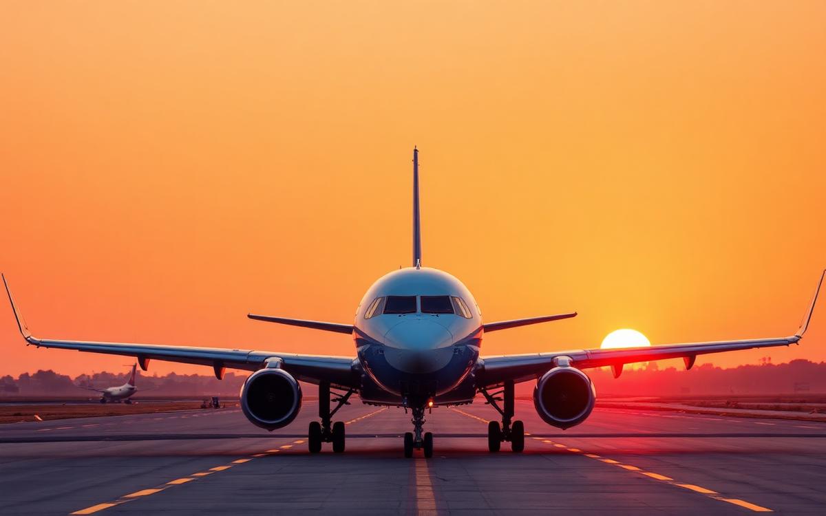 Passenger airplane on the runway at sunset
