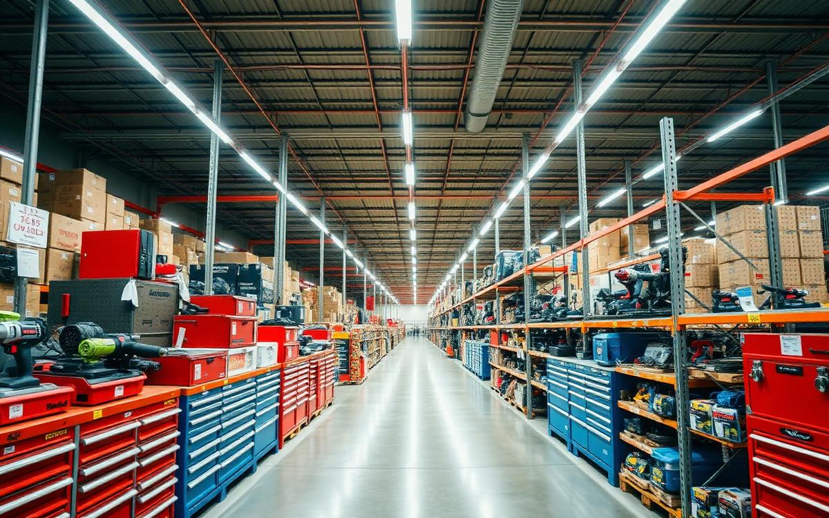 Aisle of tool chests and power tools inside a home improvement warehouse store