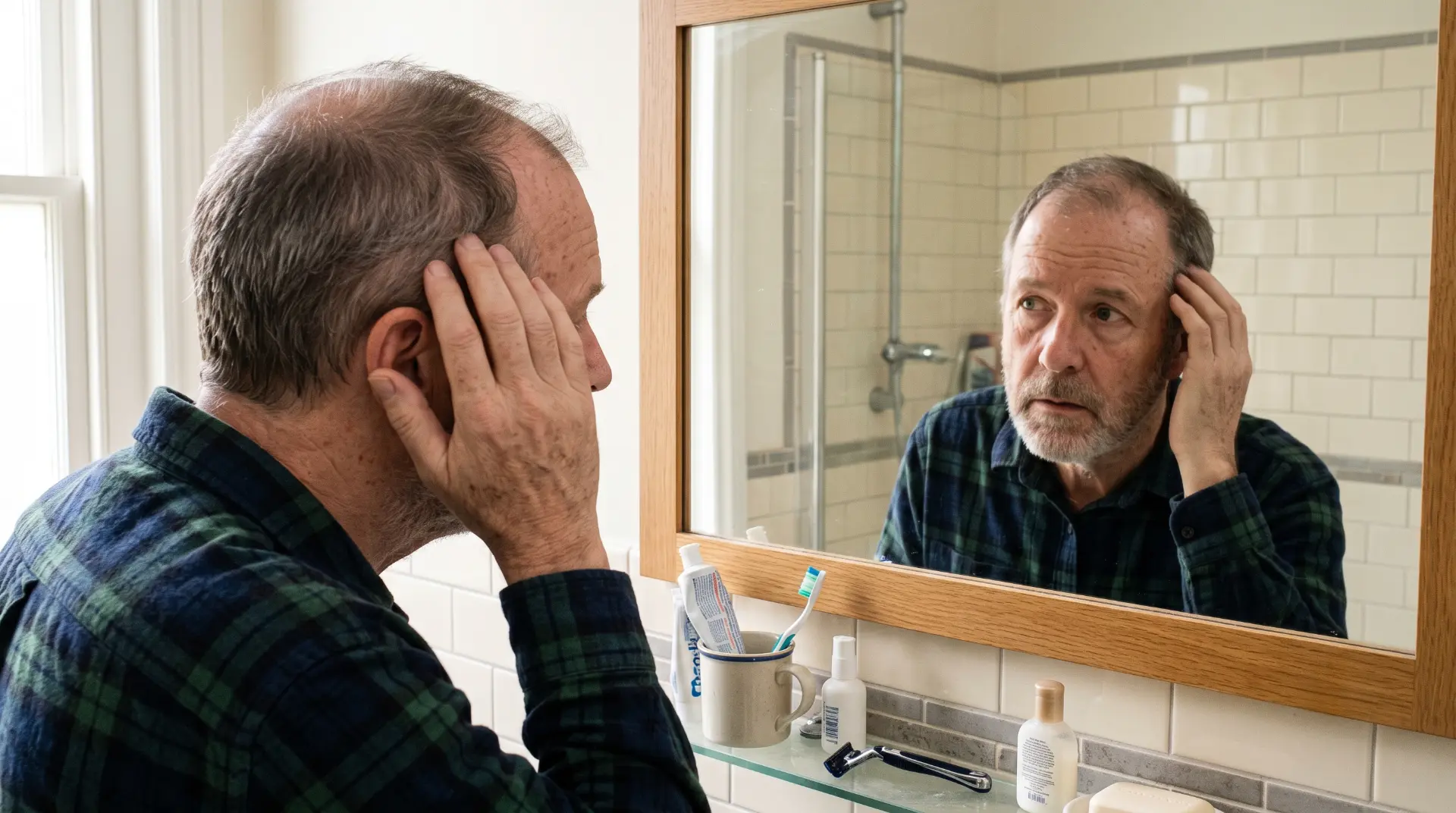 Senior man examining his thinning hair in a bathroom mirror