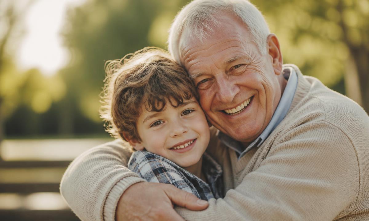 Grandfather smiling while hugging his grandchild
