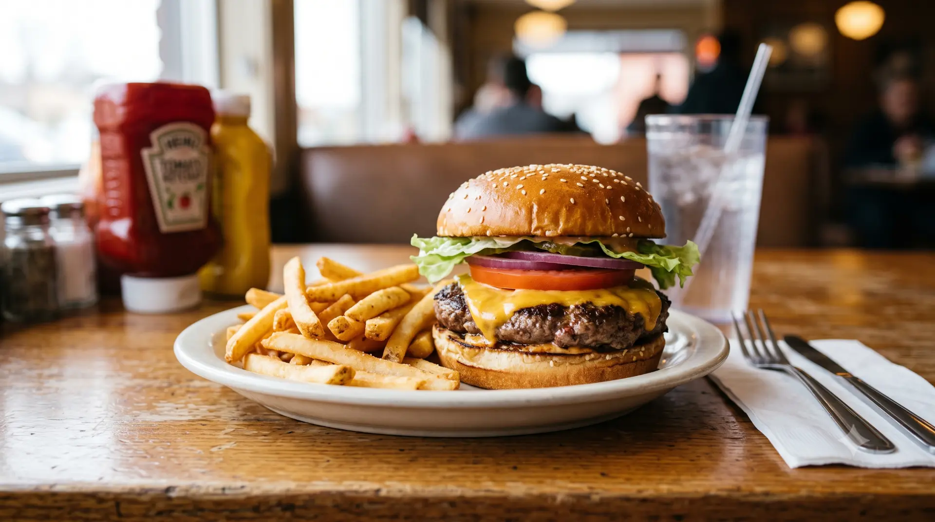 Classic American diner meal with a cheeseburger, fries and condiments on a wooden table