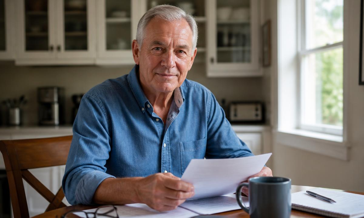 Senior man reviewing his household bills at the kitchen table
