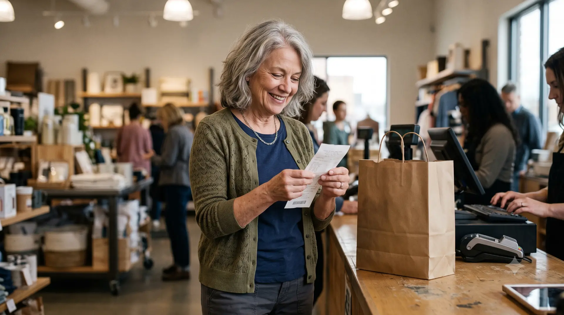 Smiling senior woman reviewing her receipt at a store checkout counter