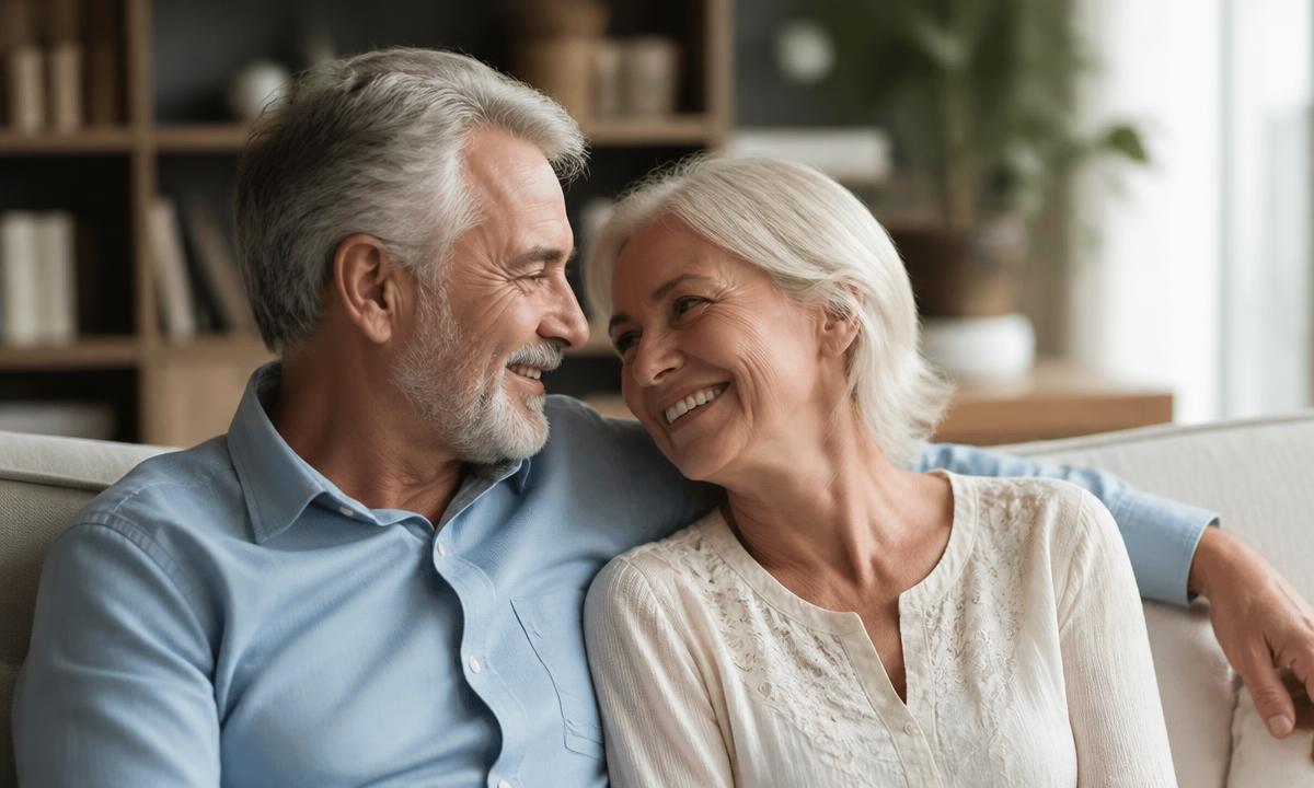 Loving senior couple sitting close together indoors, looking at each other affectionately