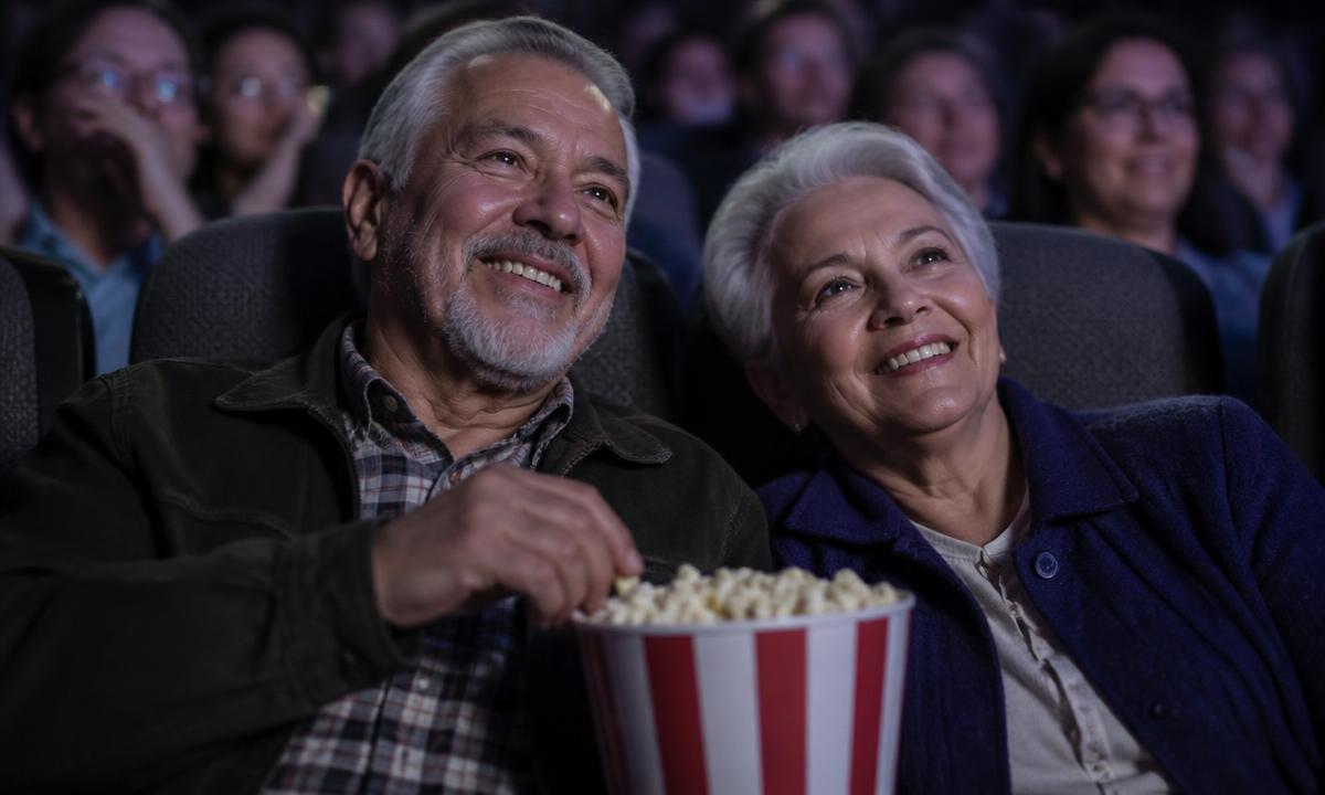 Senior couple sharing popcorn at the movie theater