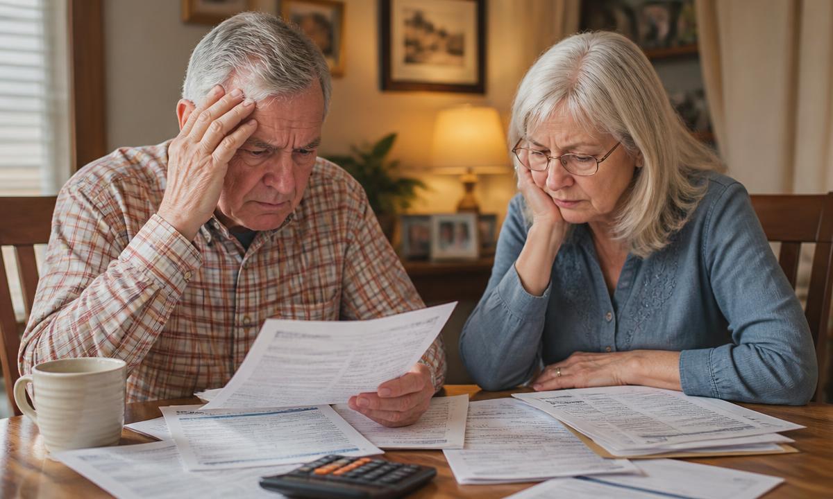Stressed senior couple reviewing financial paperwork and bills at a table