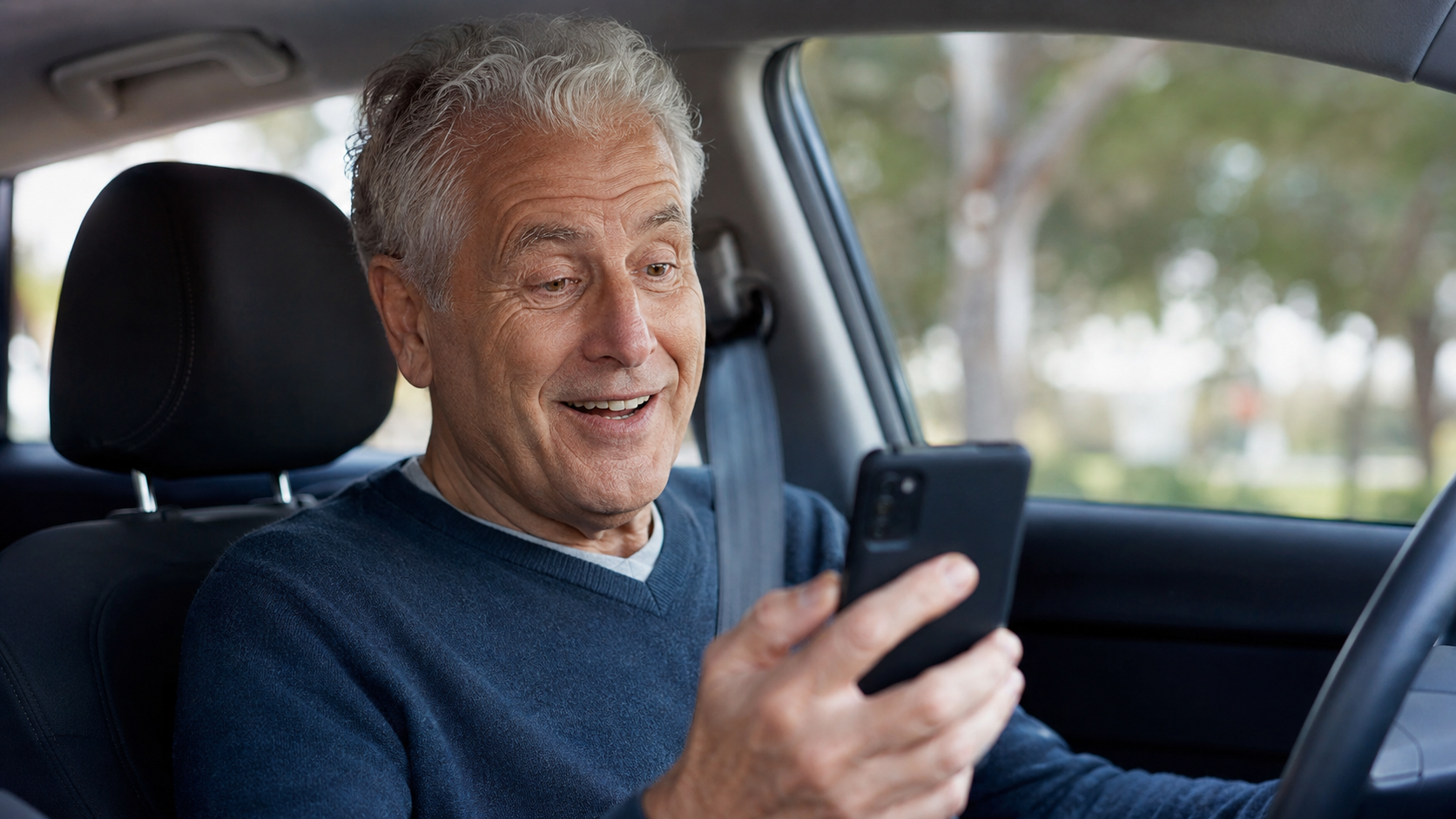 Senior man using his phone while seated in his car