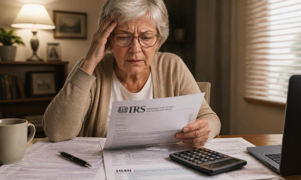 Stressed senior reviewing IRS tax documents and forms at a desk