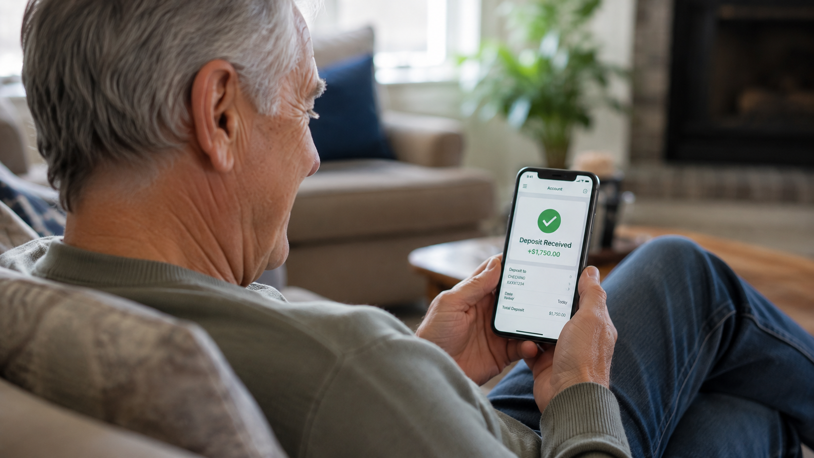 Senior man smiling at a smartphone showing a deposit received notification